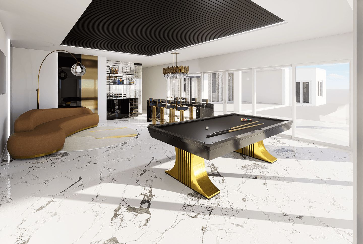 3D rendering of the Flaava House game room showing the original entertainment space concept by Zamira Ariza before construction.