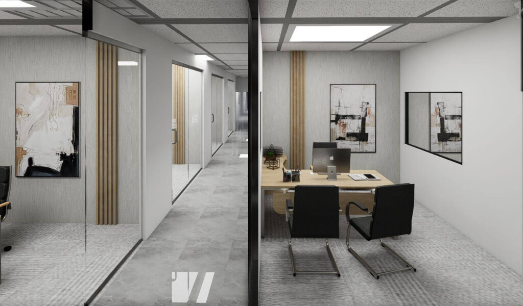 Rendering of the executive office corridor at The Gulf Standard corporate headquarters.