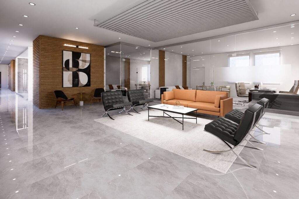 3D rendering of the reception and welcome lounge for The Gulf Standard corporate headquarters in Sarasota, Florida.
