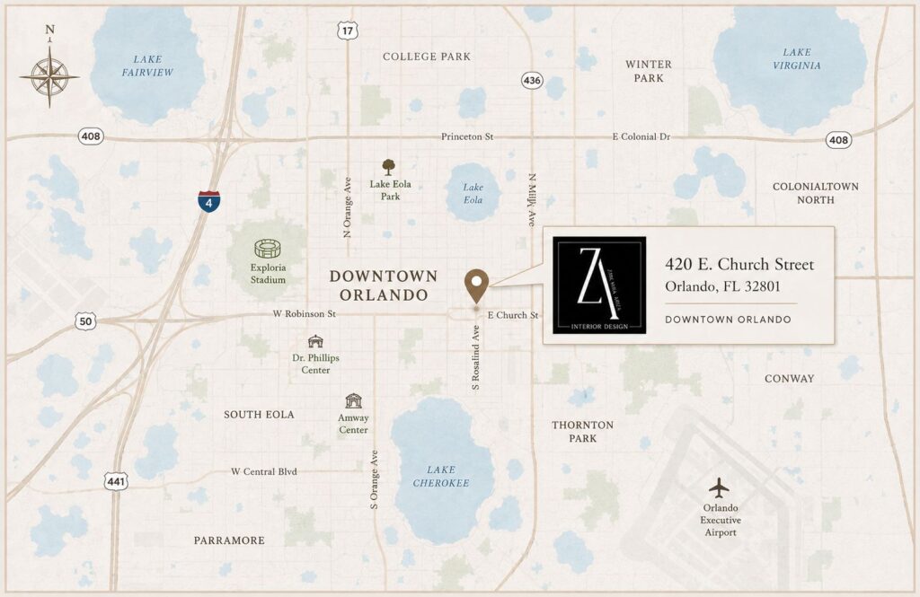 Map showing address and location of Zamira Ariza Interior Design Studio in Orlando FL